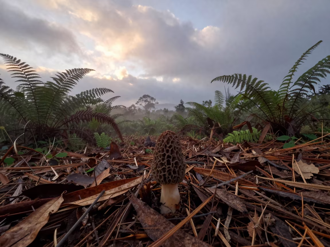 Morel Mushroom Amidst Ferns in Misty Rwandan Dawn in on a fern-lined forest floor in Rwanda