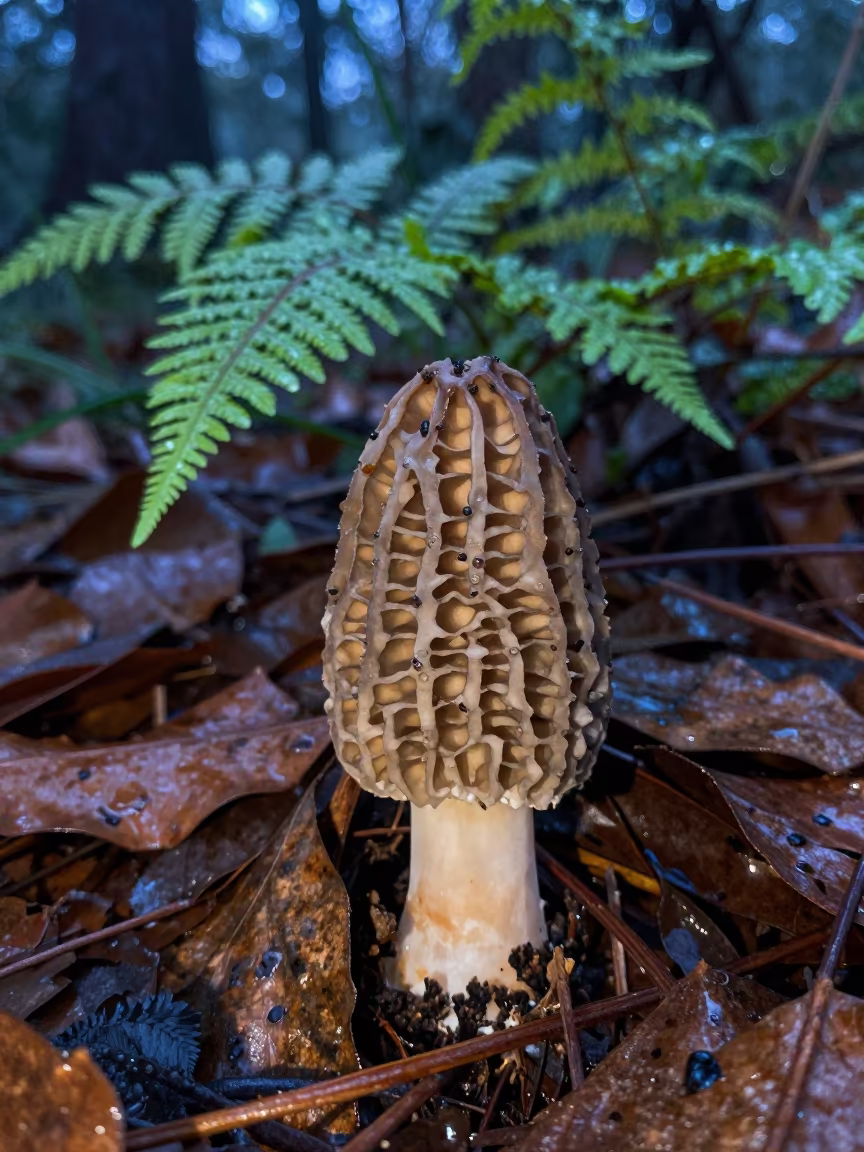 Morel Mushroom in Spring Forest Drizzle in on a fern-lined forest floor near Shenzhen