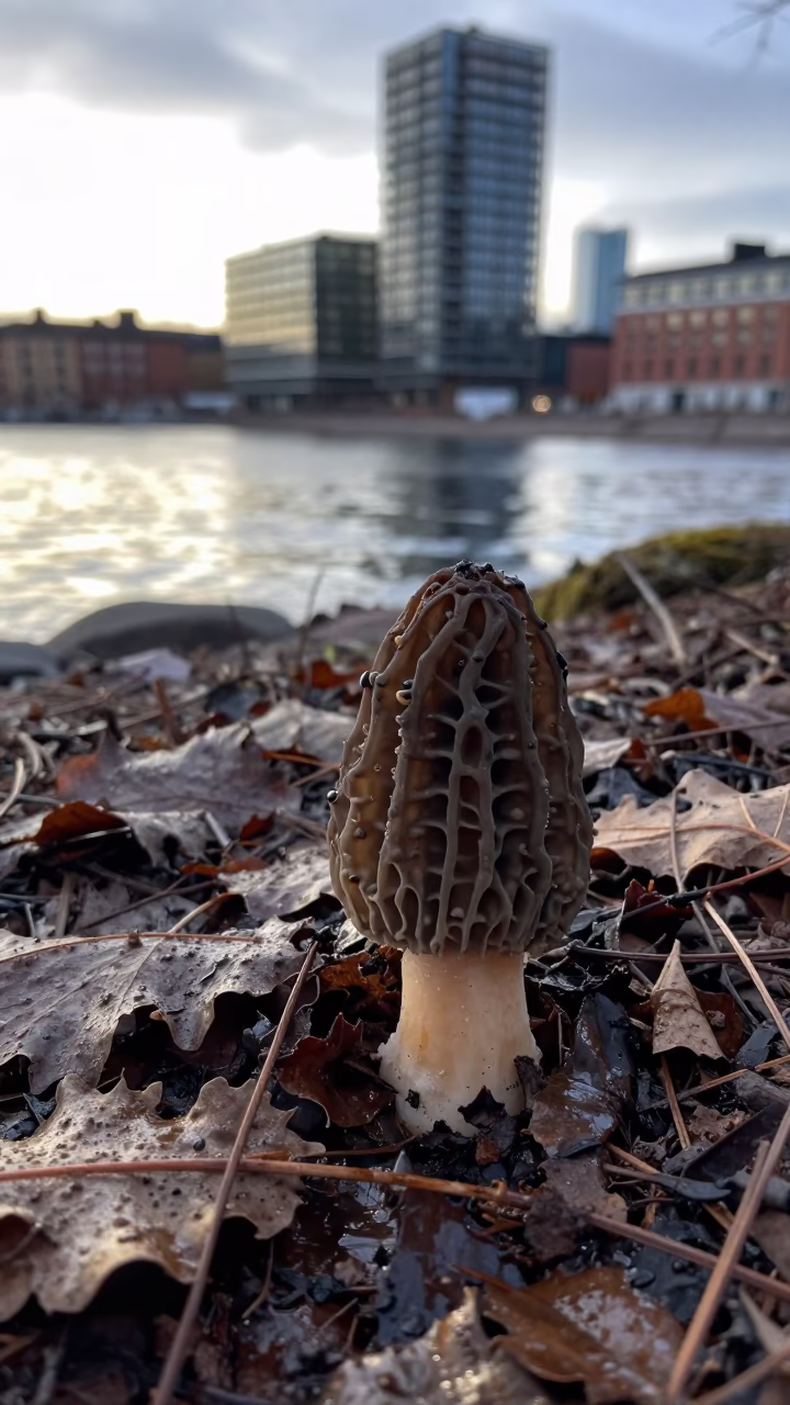 Morel Mushroom in Spring Leaf Litter Helsinki in near Design District, Helsinki