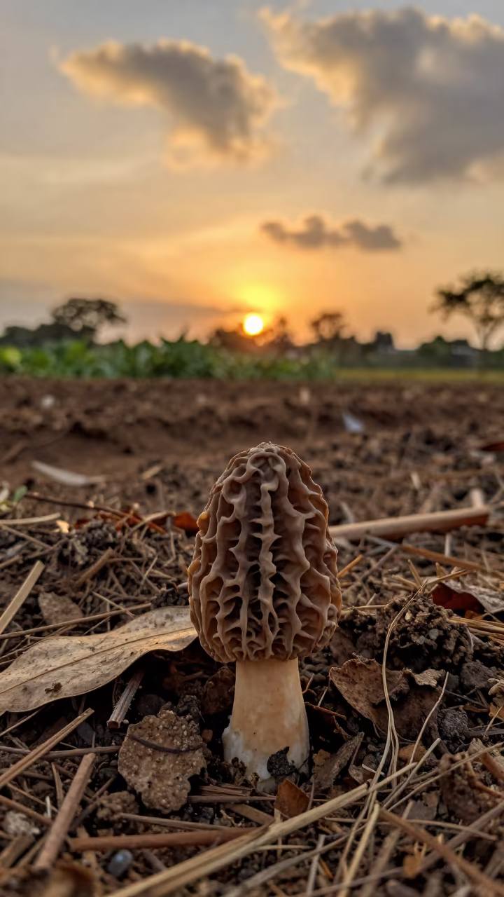 Morel Mushroom Among Terraced Plots at Golden Hour in among terraced garden plots near Abeokuta