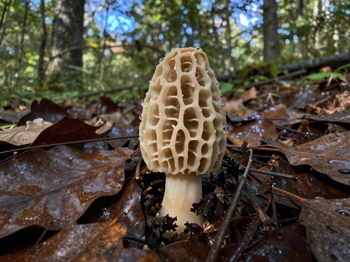 Morel Mushroom Rising From Wet Leaves in Korea in in South Korea