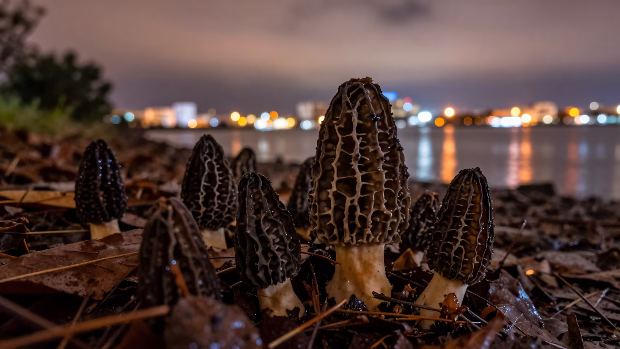 Morel Mushrooms Reflected in Wet Meadow at Dusk in in a bloom-heavy meadow near New Borg El Arab