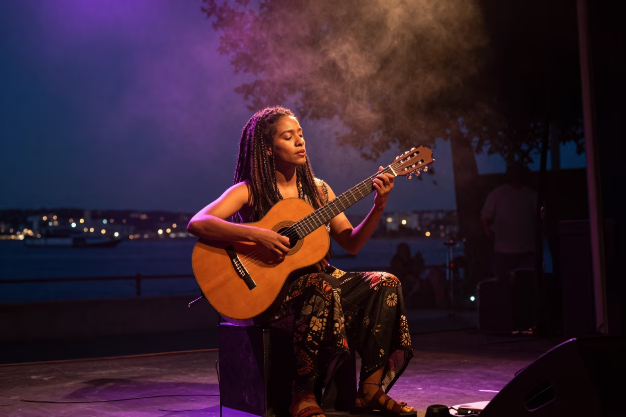 Morna Singer Under Harbor Streetlamp at Midnight in on a dimly lit stage in Alfama, Lisbon