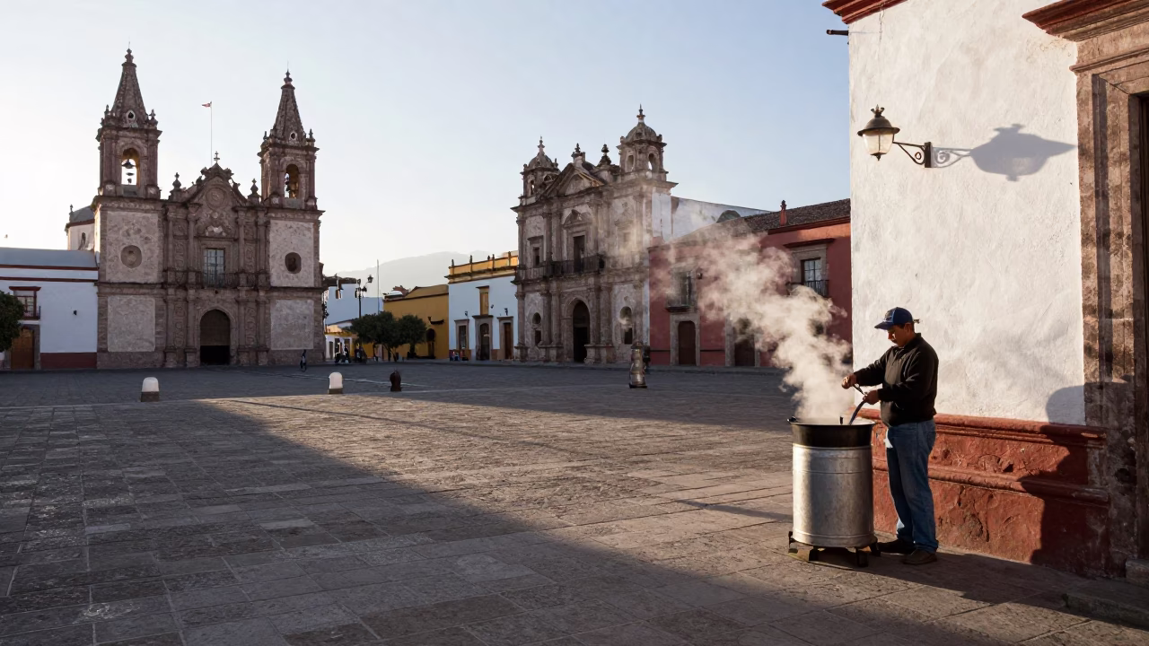 Morning Activity in Merida Mexico Plaza with Coffee Steam and Vintage Details in in Merida, Mexico