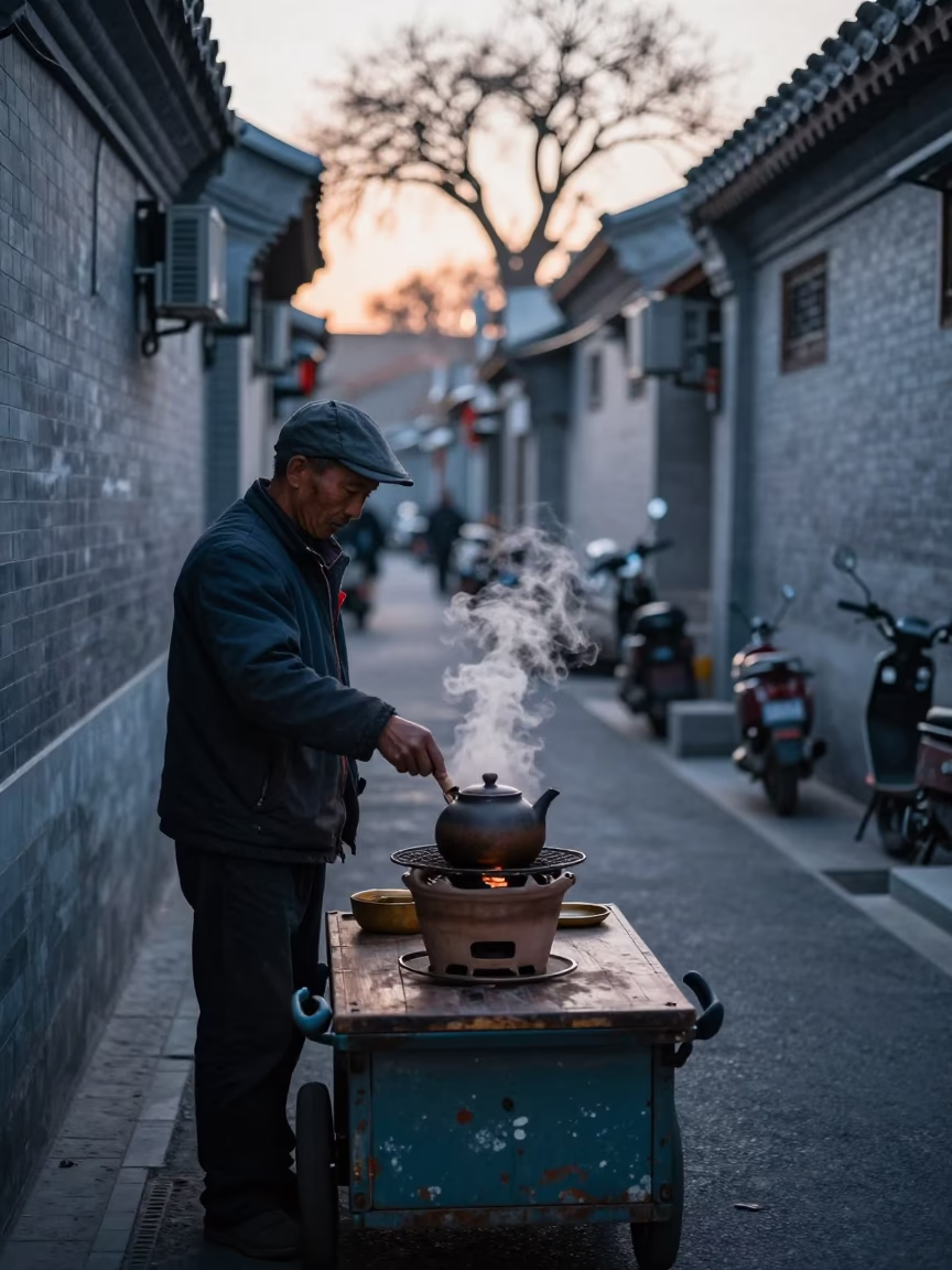 Morning Alleyway in Beijing at Sunrise Light in in Beijing, China