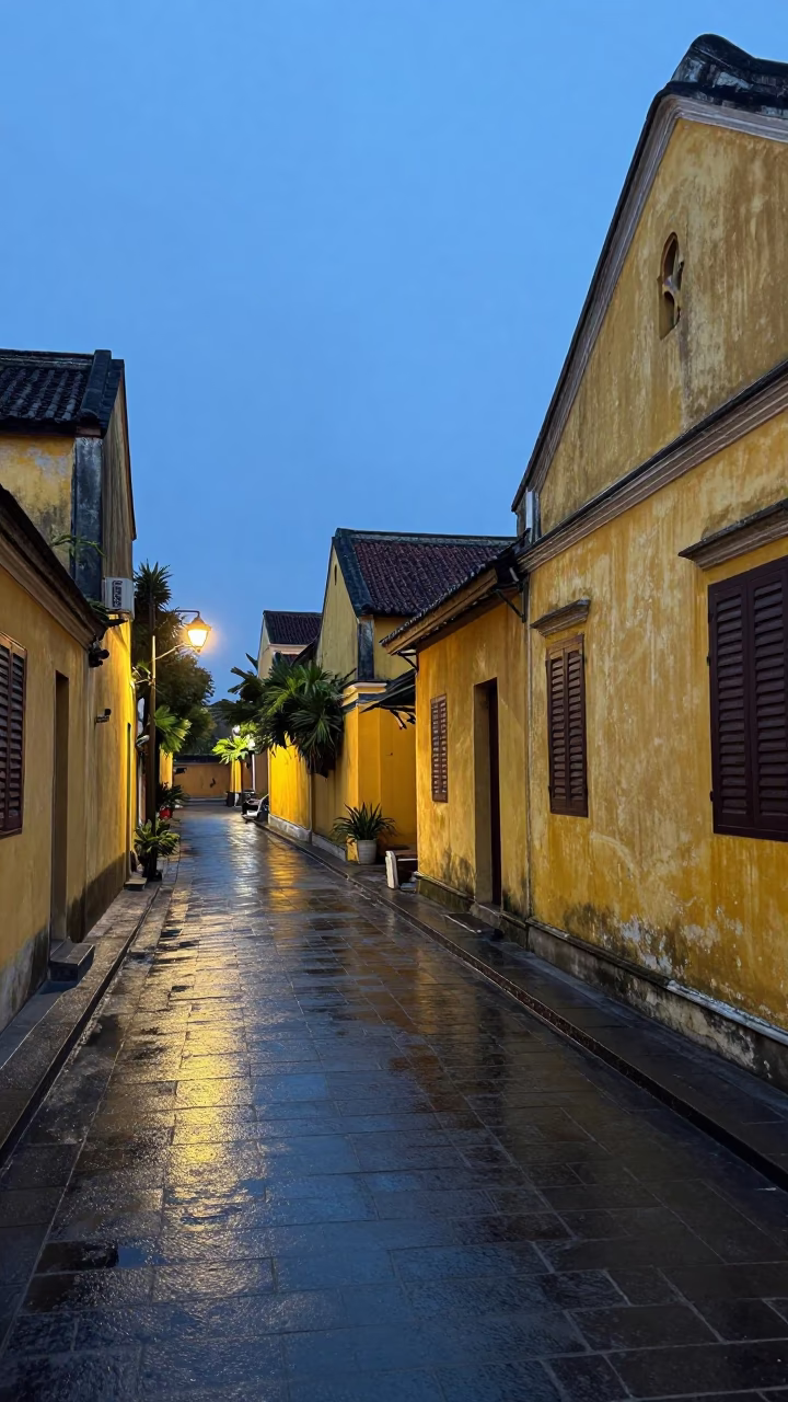 Morning Alleyway in Hoi An at The Still Hours Before Dawn Light in in Hoi An, Vietnam