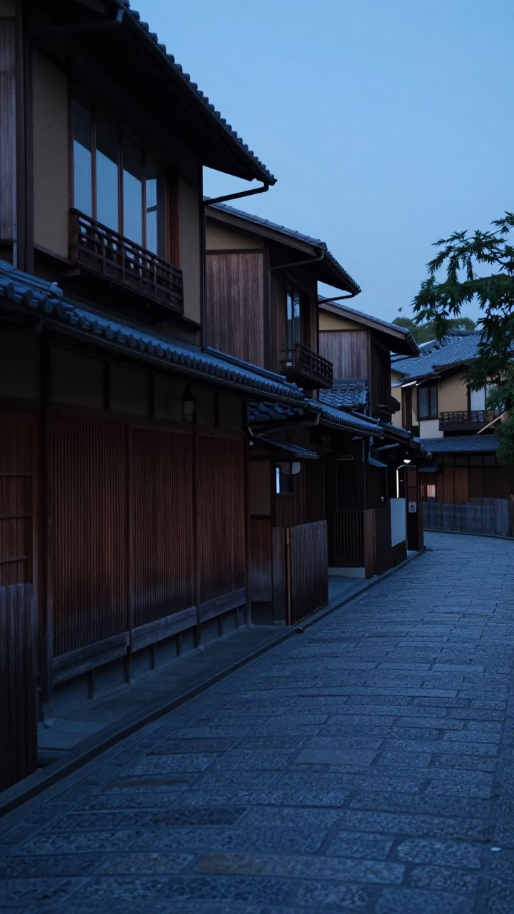 Morning Alleyway in Kyoto at The Still Hours Before Dawn Light in in Kyoto, Japan