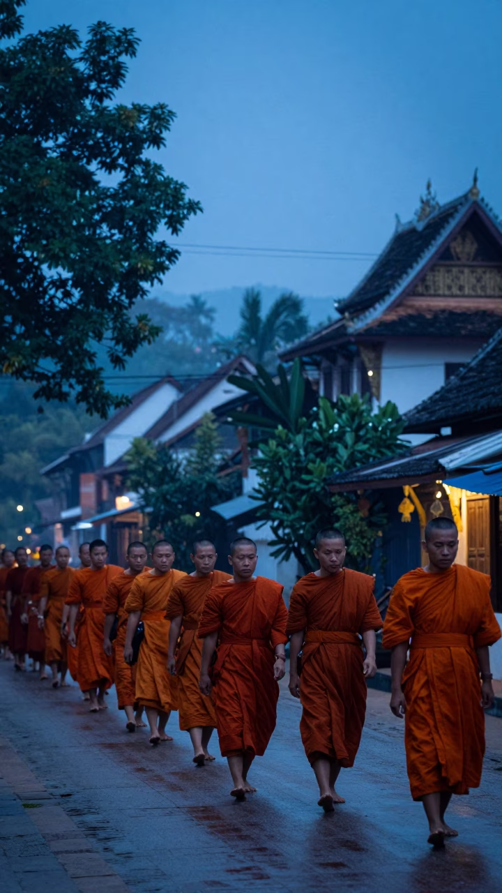 Morning Alms Ceremony in Luang Prabang Laos Before Sunrise in in Luang Prabang, Laos