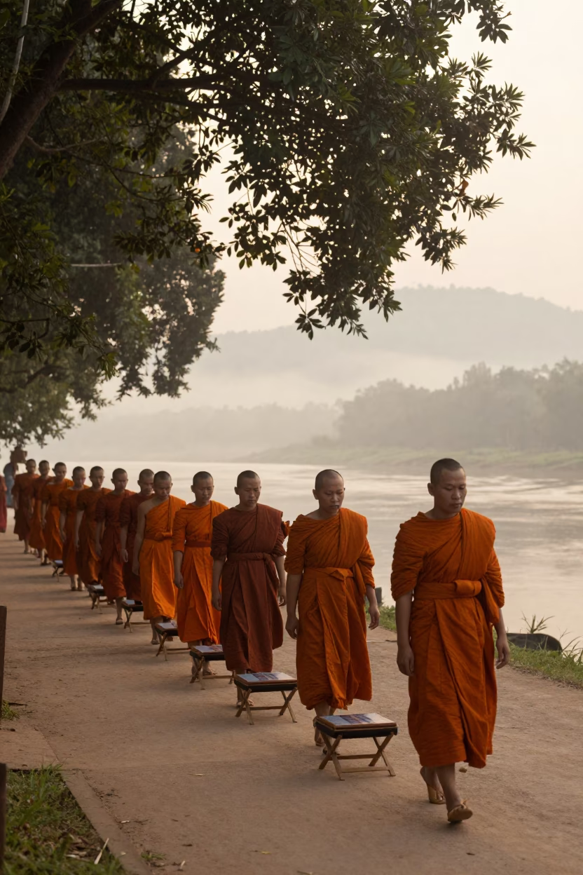 Morning Alms Ceremony in Luang Prabang Laos with Monks and Folding Stools in in Luang Prabang, Laos