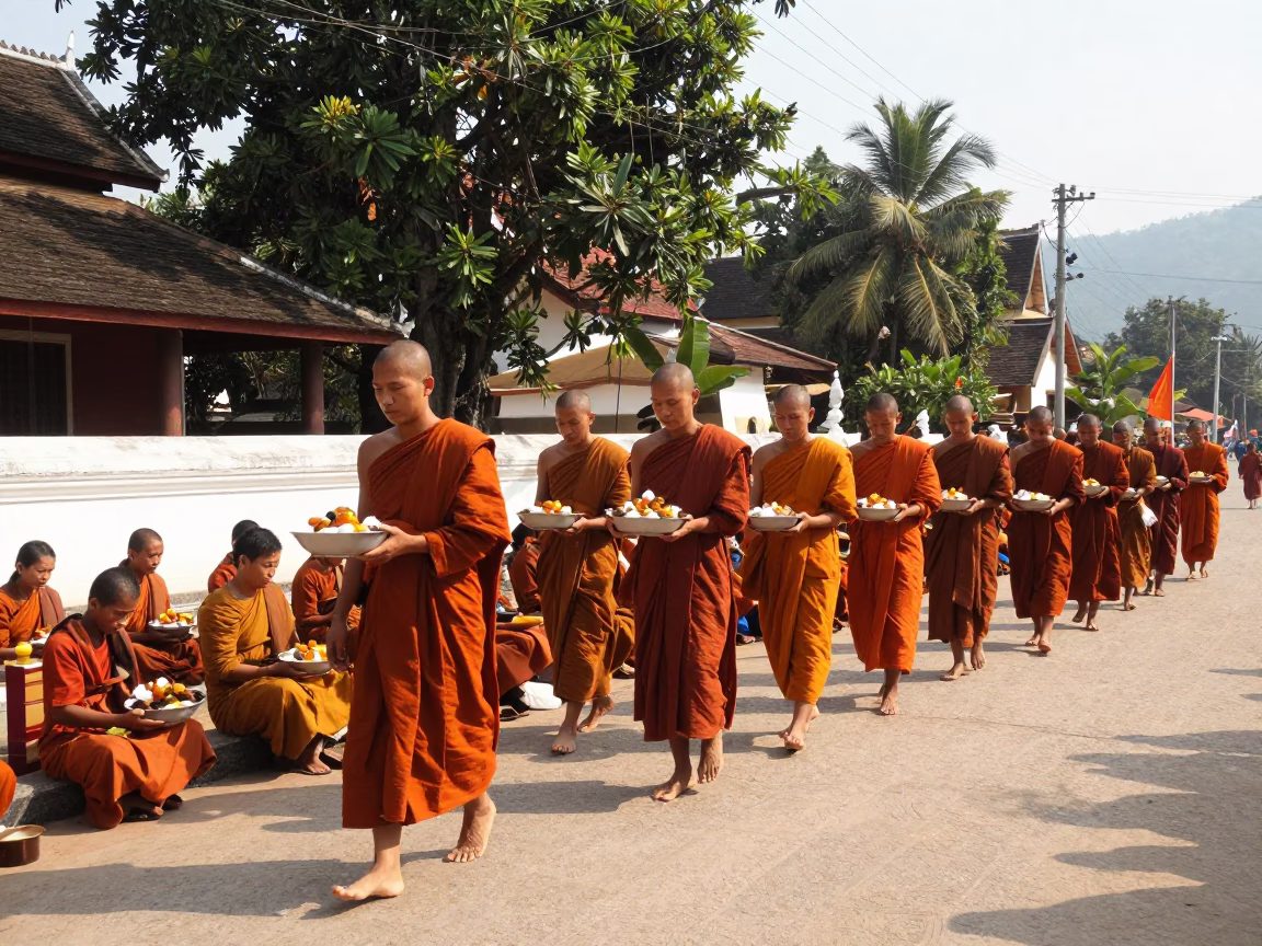 Morning Alms Ceremony in Luang Prabang Laos with Monks and Offerings in in Luang Prabang, Laos