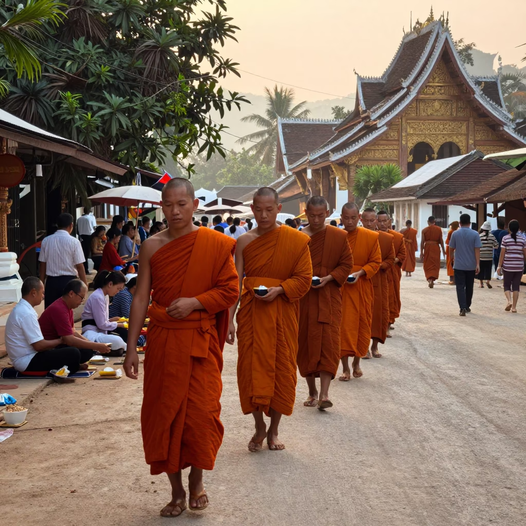 Morning Alms Giving Ceremony at Wat Xieng Thong Luang Prabang Laos 1960s in in Luang Prabang, Laos