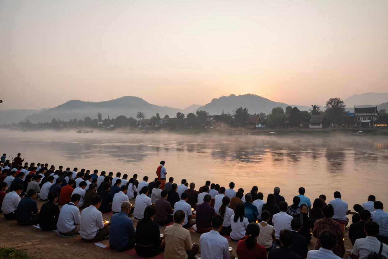 Morning Alms Giving Ceremony in Luang Prabang Laos at First Light Dawn in in Luang Prabang, Laos