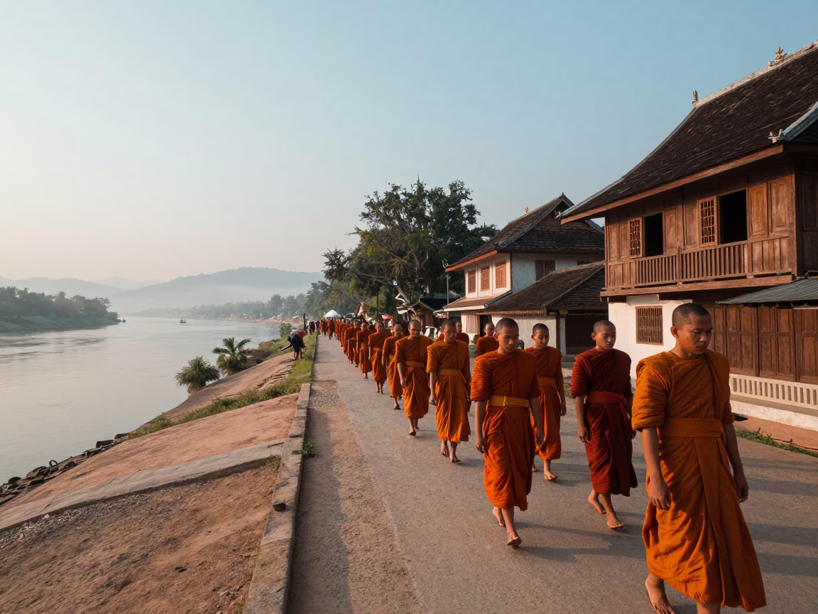Morning Alms Giving Ceremony in Luang Prabang Laos First Light Golden Robes and Monks in in Luang Prabang, Laos