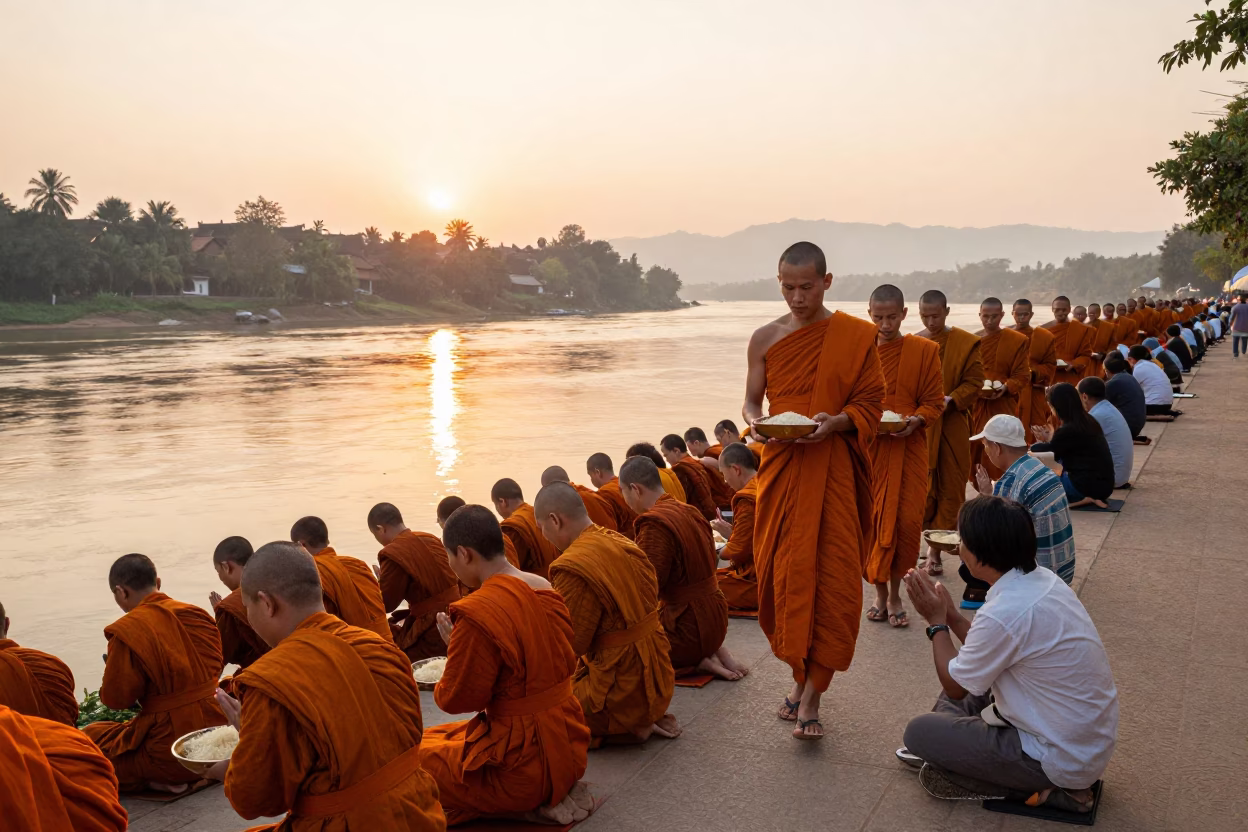 Morning Alms Giving Ceremony in Luang Prabang Laos Golden Sunrise Monks Walking in in Luang Prabang, Laos
