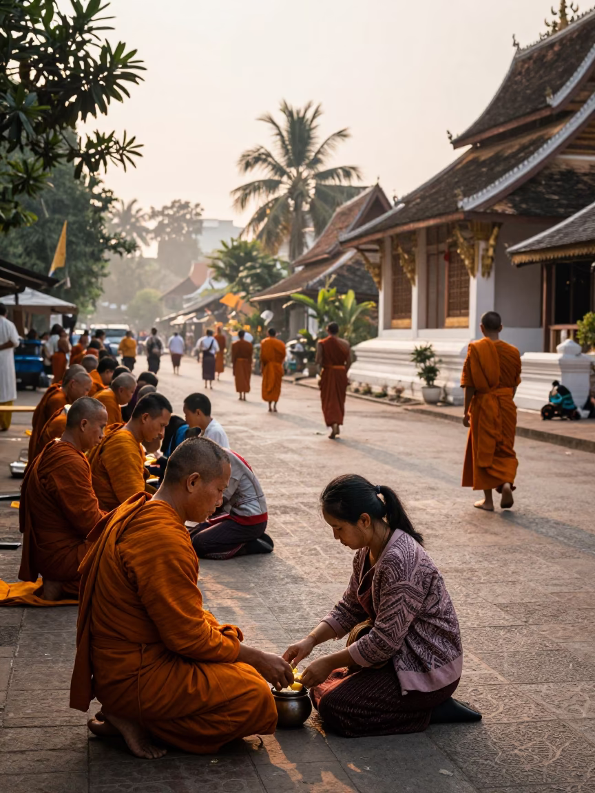 Morning Alms Giving Ceremony in Luang Prabang Laos with Monks and Locals in in Luang Prabang, Laos