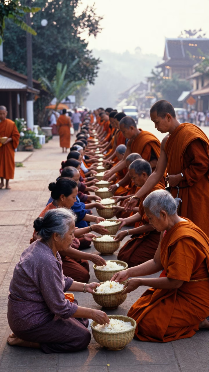 Morning Alms Giving Ceremony in Luang Prabang Laos with Woven Baskets and Monks in in Luang Prabang, Laos