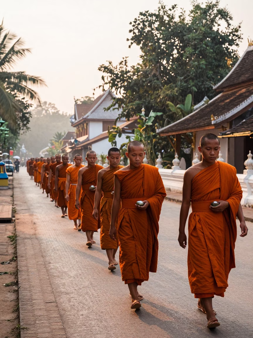 Morning alms giving in Luang Prabang Laos first light monks saffron robes in in Luang Prabang, Laos