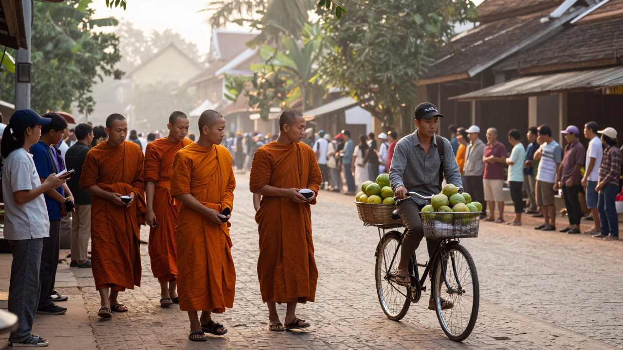 Morning alms giving in Luang Prabang Laos with monks and bicycle in in Luang Prabang, Laos