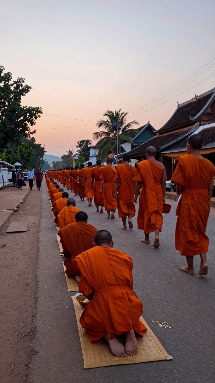 Morning alms giving procession in Luang Prabang Laos before dawn in in Luang Prabang, Laos