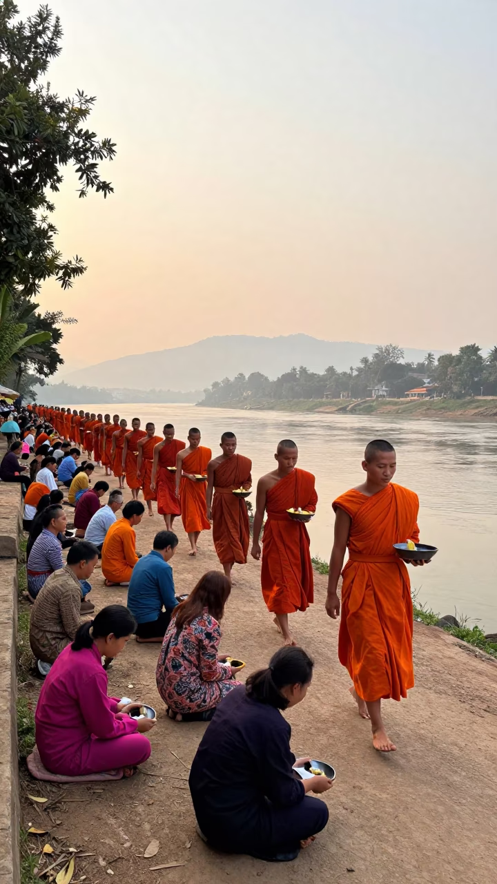 Morning alms offering procession along Mekong riverbank in Luang Prabang in in Luang Prabang, Laos