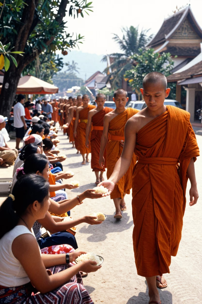 Morning Alms Procession in Luang Prabang Laos with Monks and Tiffin Tin in in Luang Prabang, Laos