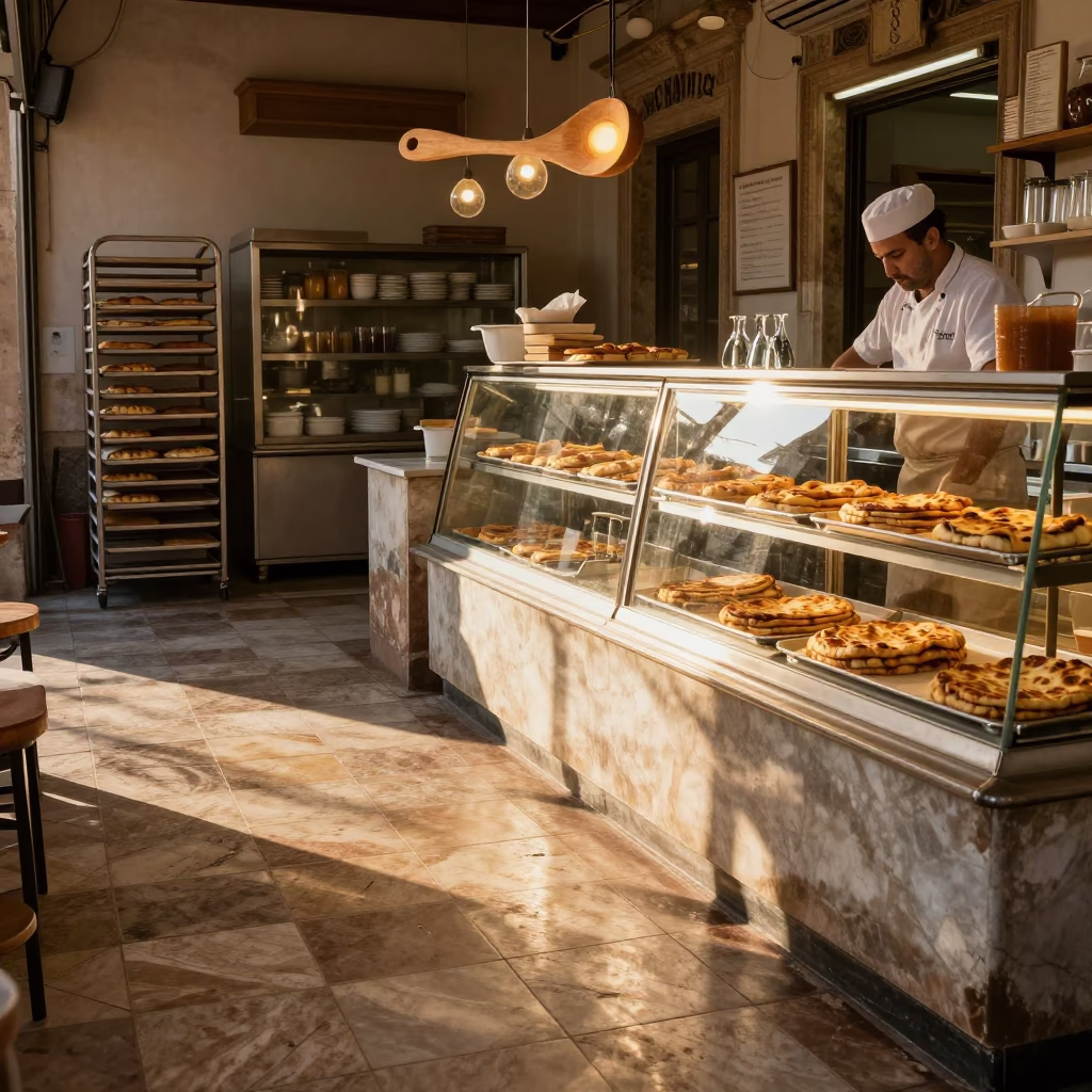 Morning Bakery Scene in Palermo Italy with Wooden Spoon and Glass Carafe in in Palermo, Italy