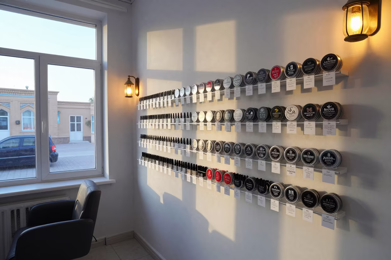 Morning Barber Setup with Pomade Tins and Price Tags in inside a nail studio near Khiva