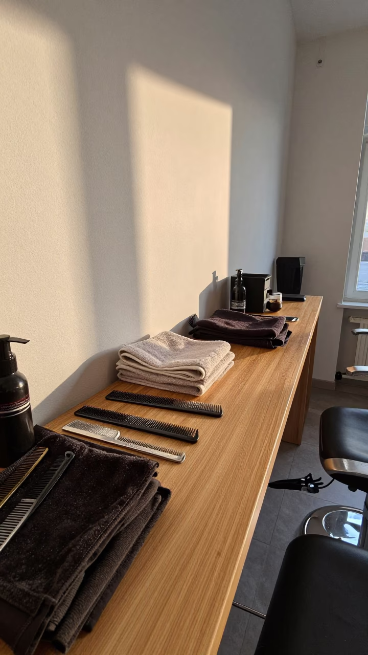 Morning Barber Station Before Opening in at a salon reception counter in Linz
