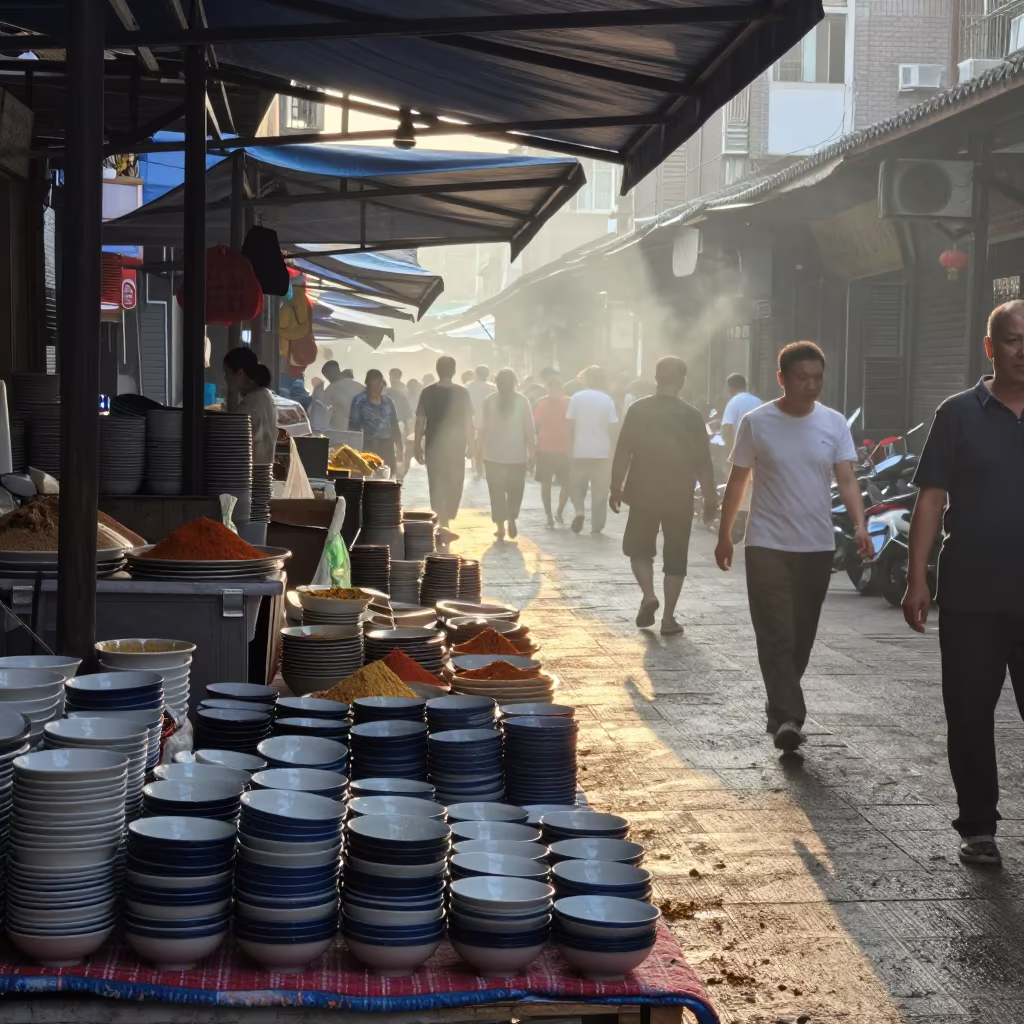 Morning Bazaar Ceramic Bowls Changsha Market in in a covered bazaar aisle in Changsha