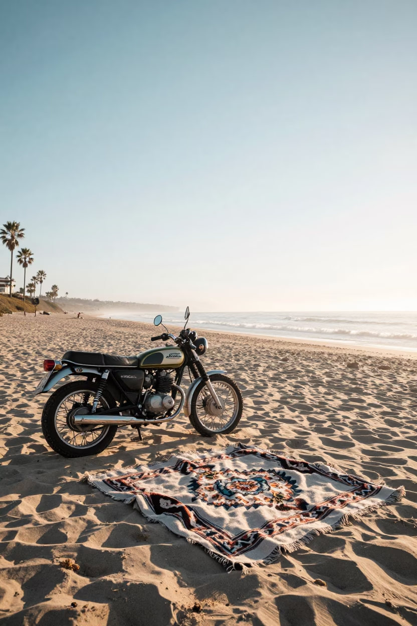 Morning Beach Scene in San Diego California with Vintage Motorcycle and Blanket in in San Diego, California, United States