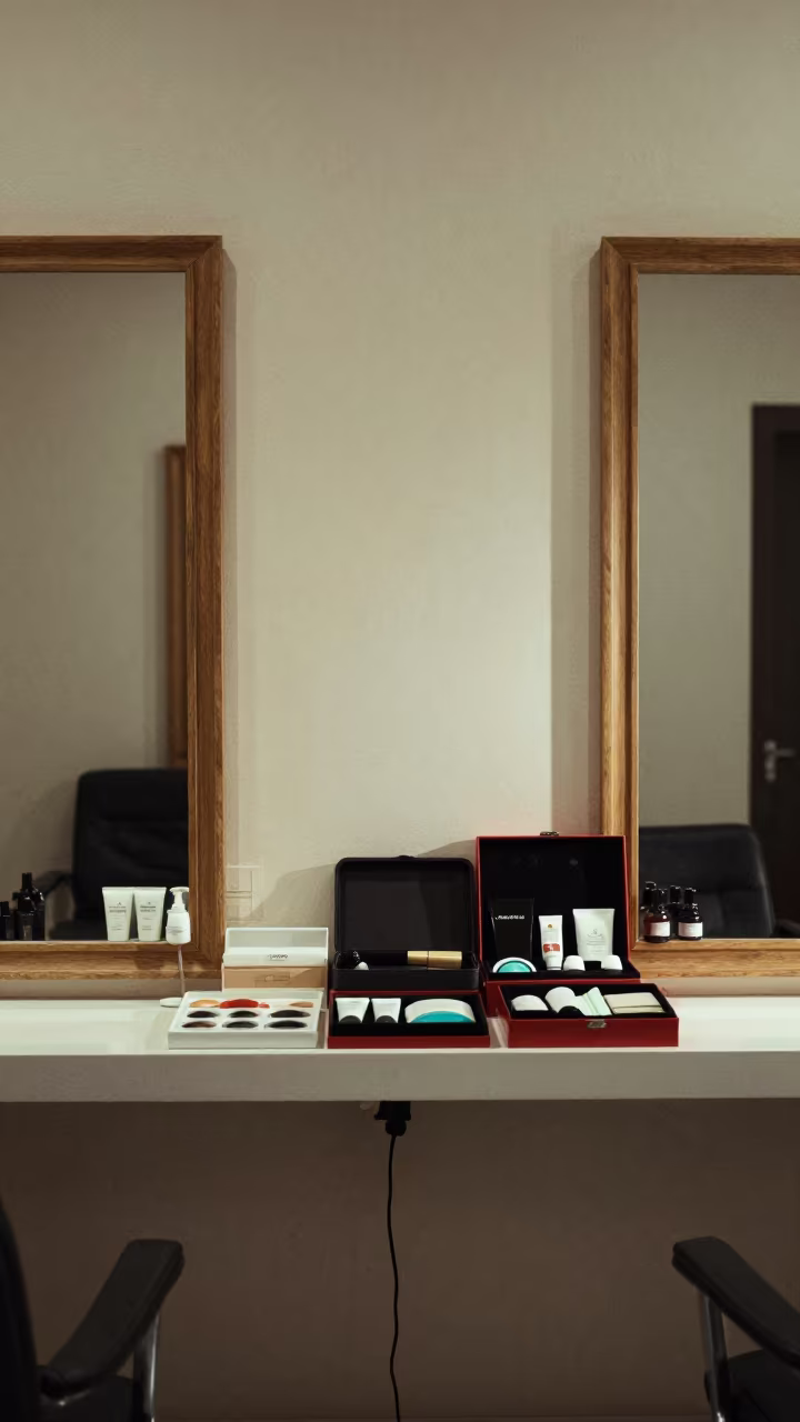 Morning Beauty Counter Setup in Al-Hajar al-Aswad Salon in at a salon reception counter in Al-Hajar al-Aswad