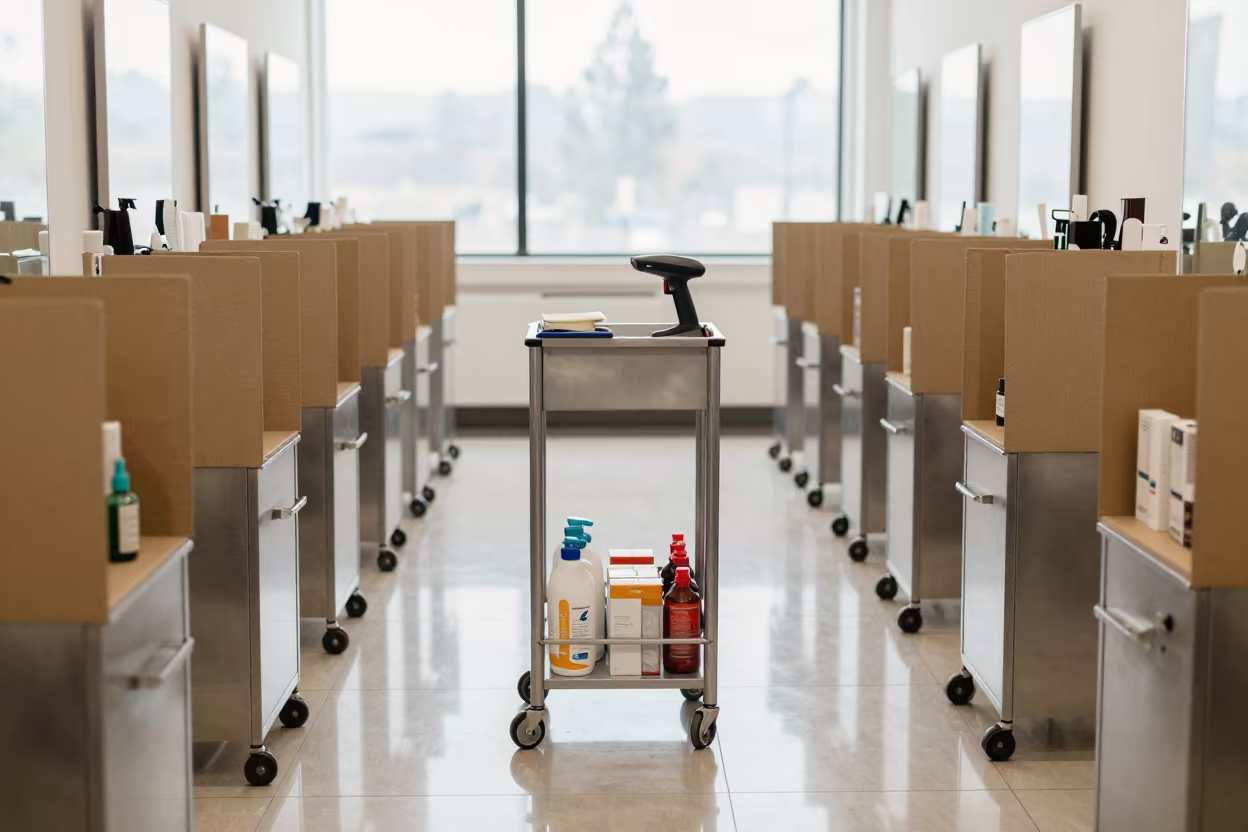 Morning Beauty Restock Cart Setup in inside a salon row near Kunming