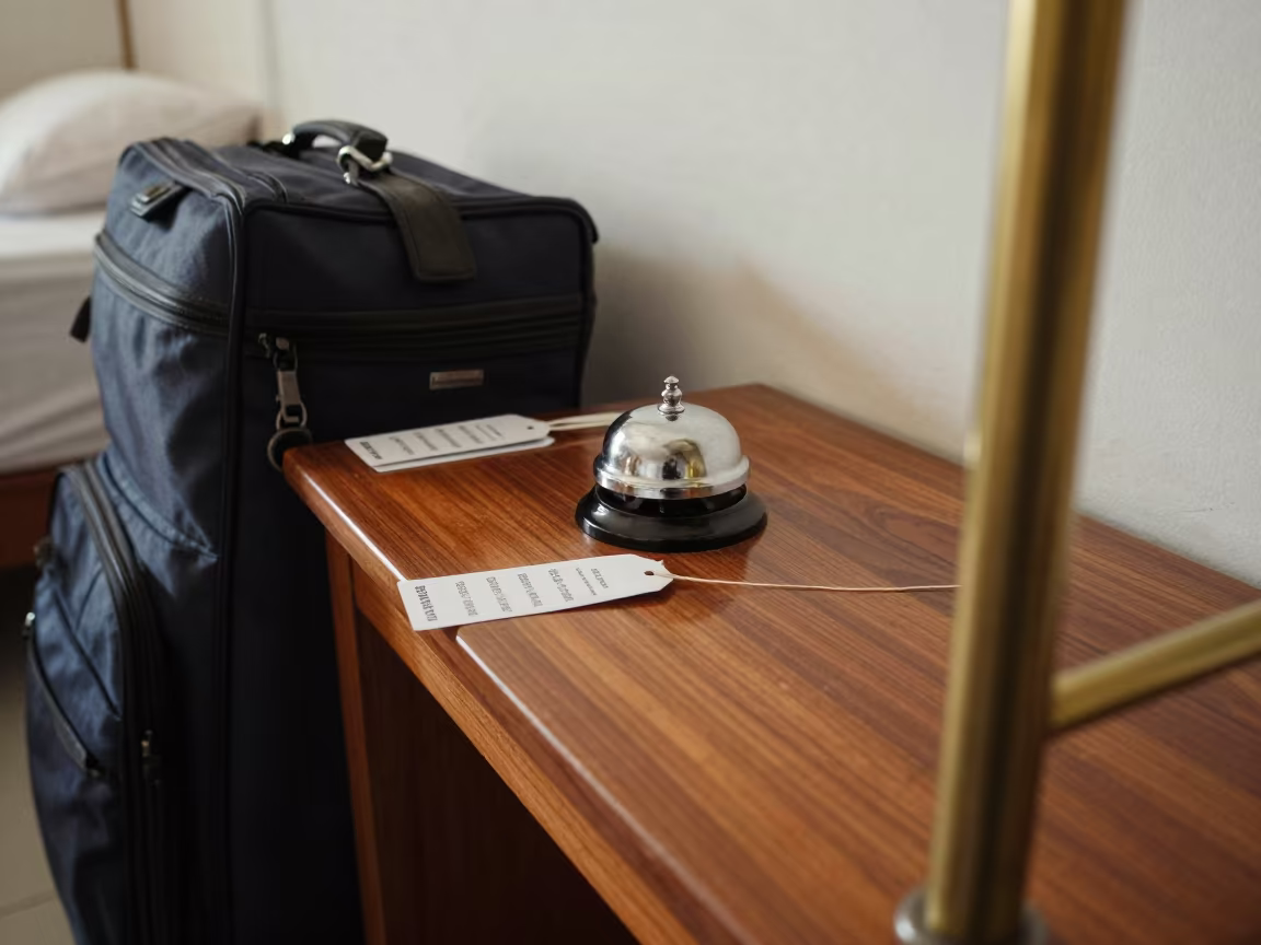 Morning Bell Desk with Luggage and Tags in inside a breakfast room before opening near Imphal