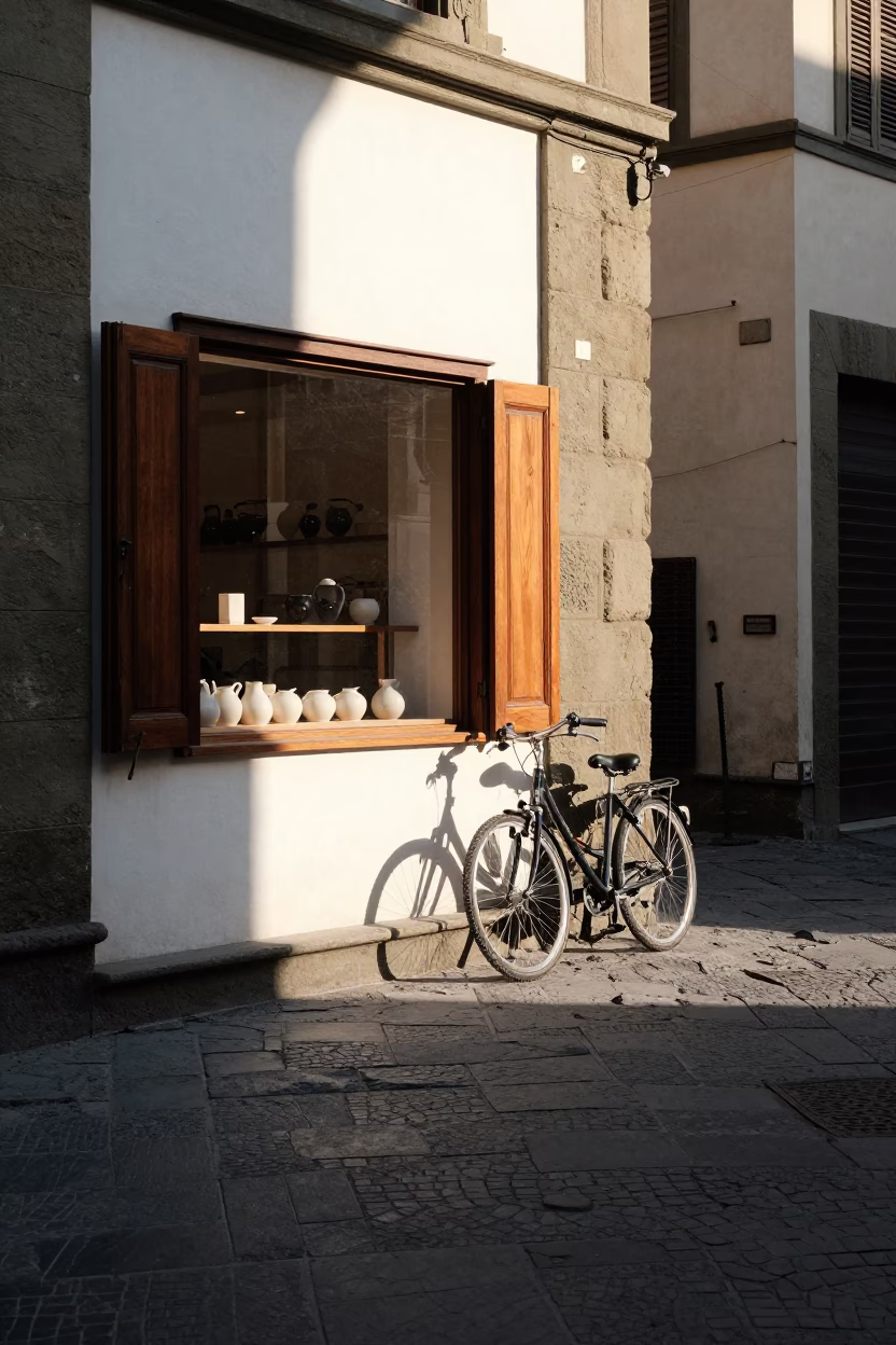 Morning Bicycle at Florence Bakery Under First Light with Ceramic Vase in in Florence, Italy