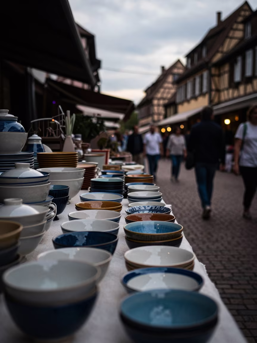 Morning Bowl Display in Colmar Bazaar in in a covered bazaar aisle in Colmar