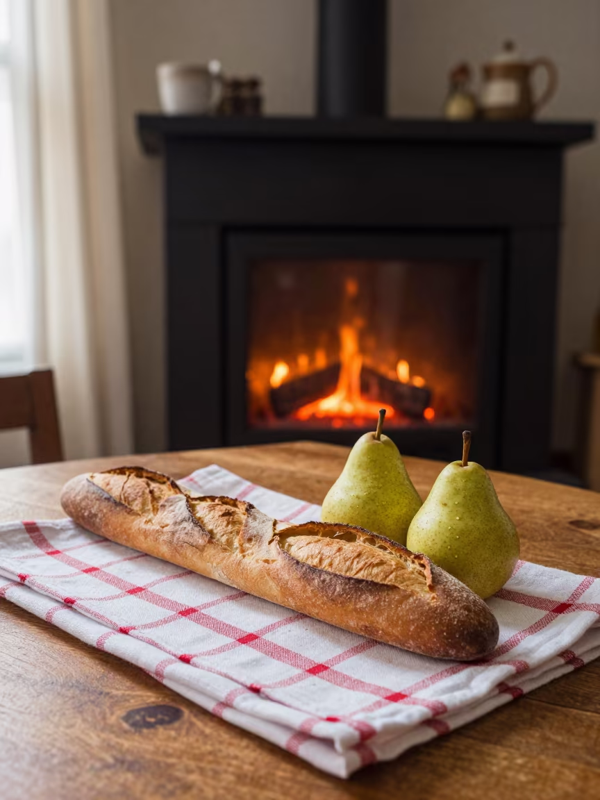 Morning Bread and Pears by Fireplace in Montreal in by a crackling fireplace in Jean-Talon Market, Montreal