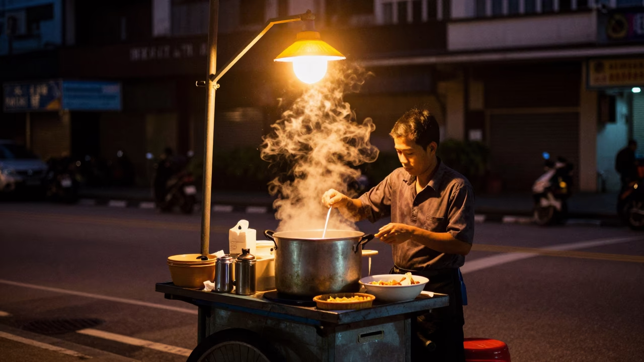 Morning Breakfast in Kuala Lumpur at The Predawn Darkness Light in in Kuala Lumpur, Malaysia