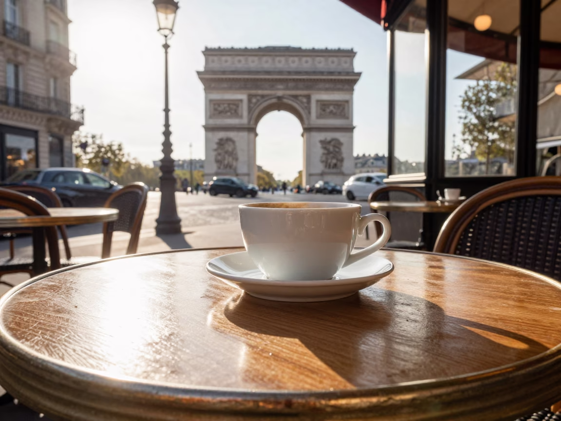 Morning Breakfast Scene at Parisian Cafe Table with Madeleines and Petit Fours in in Paris, France