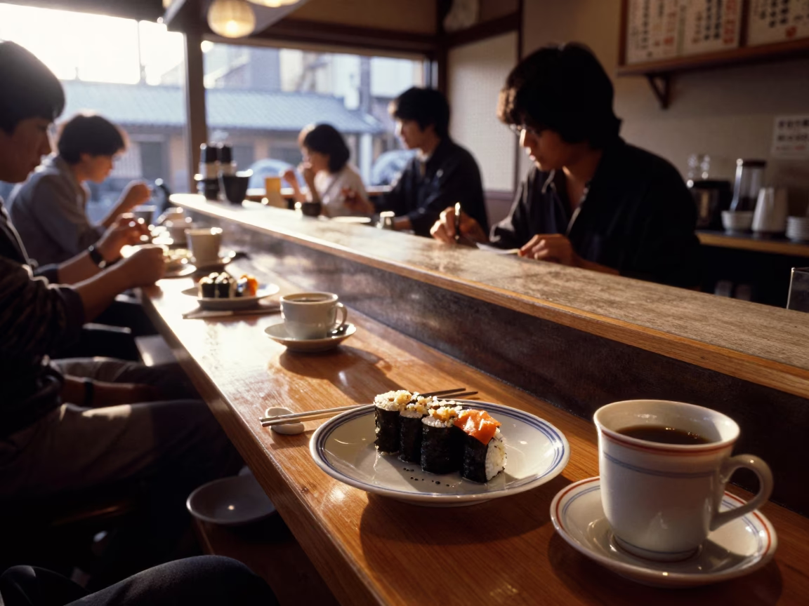 Morning Breakfast Scene in Osaka Japan with Sushi and Vintage Coffee Grinder in in Osaka, Japan