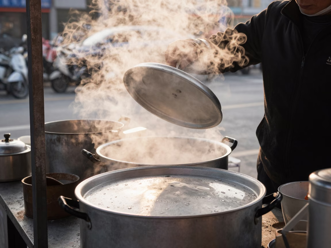 Morning breakfast stall in Shanghai China with ceramic plate and condensation in in Shanghai, China