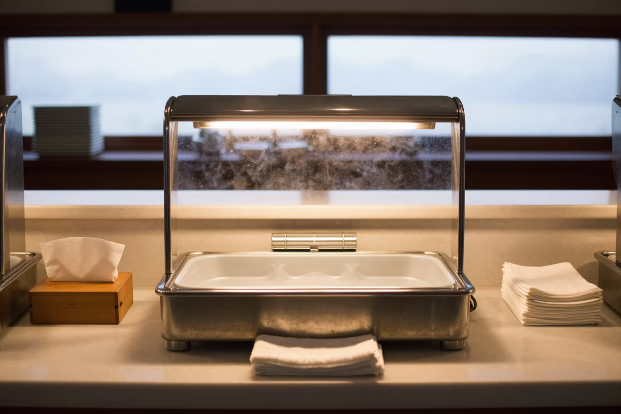 Morning buffet station with clips and paper towels in at a reception desk under warm light in Chongqing