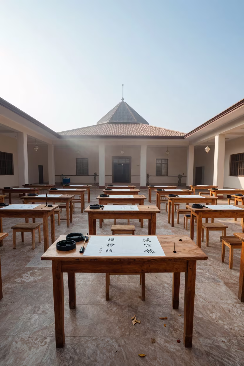 Morning Calligraphy in Windhoek Shrine in in a shrine lined with lanterns in Windhoek
