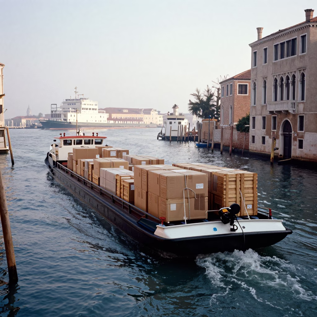 Morning Canal Barge in Venice Italy Just After Sunrise with Cargo Ship Horizon in in Venice, Italy