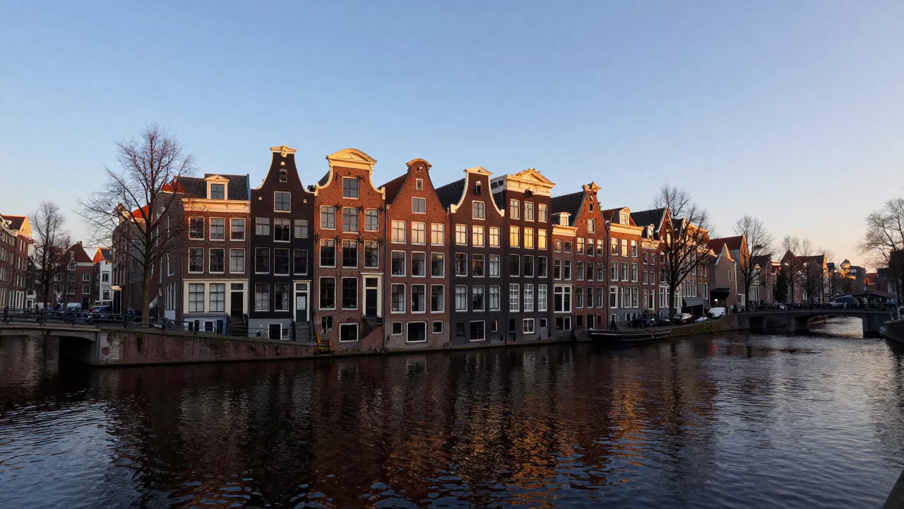 Morning Canal Scene in Amsterdam Netherlands with Traditional Architecture and Early Light in in Amsterdam, Netherlands