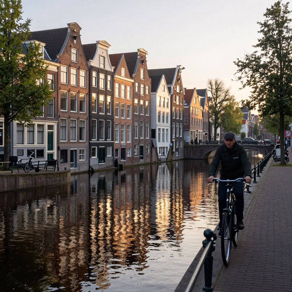 Morning Canal Scene in Amsterdam with Bicycle and Grease Sheen on Frame in in Amsterdam, Netherlands