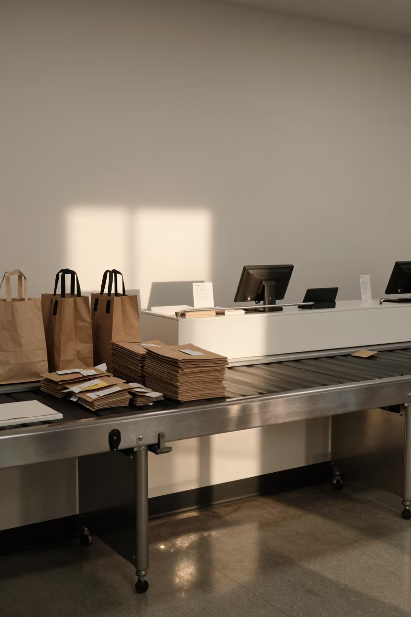 Morning Cash Wrap with Stacked Totes and Strips in at a cash wrap counter with bags stacked nearby near San Antonio