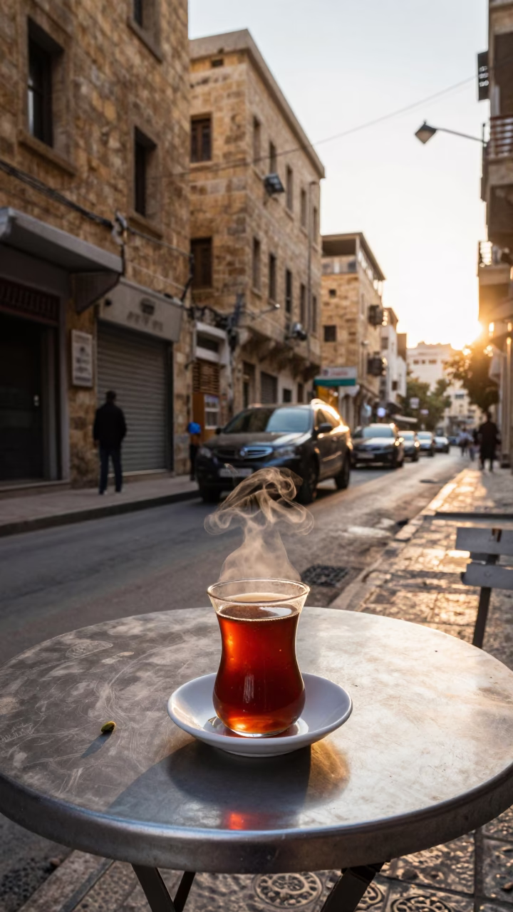 Morning chai with cardamom steam at a Beirut sidewalk cafe just after sunrise in in Beirut, Lebanon