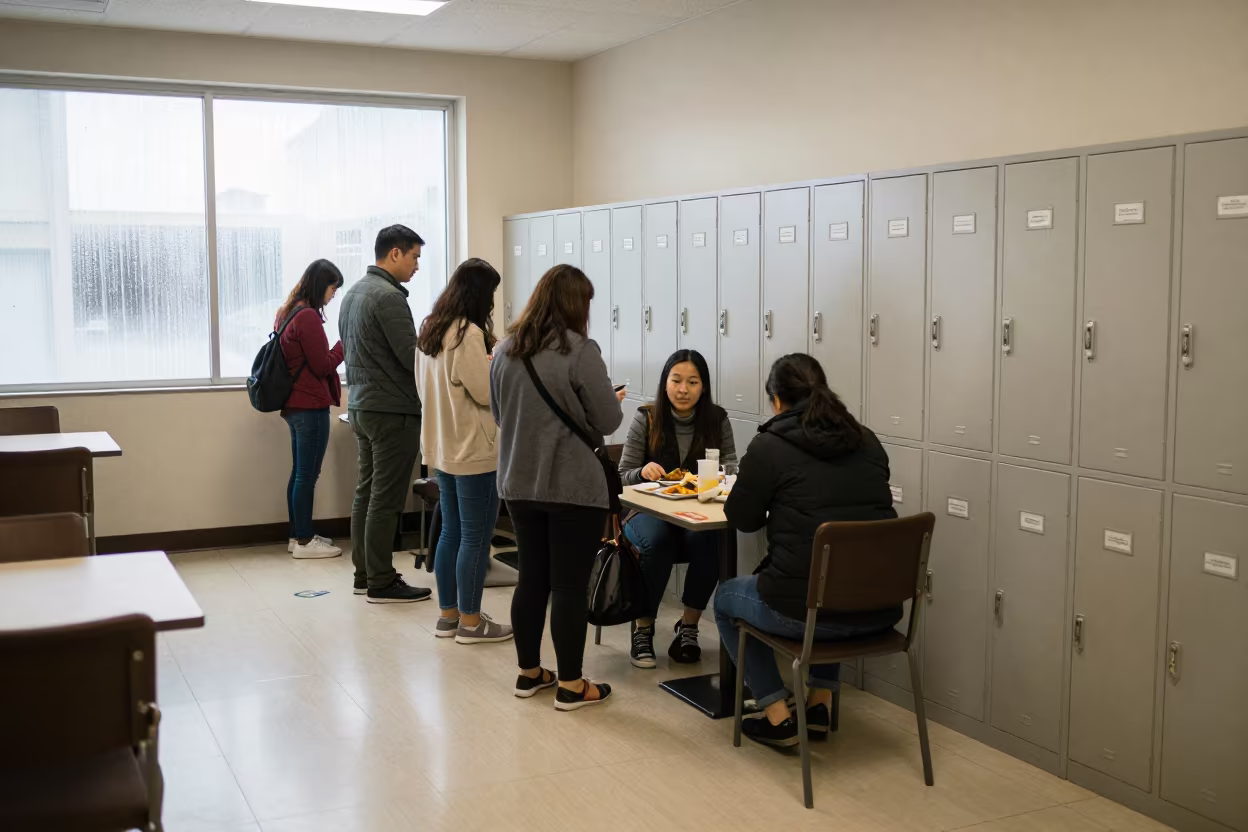 Morning Check-in Queue Near Lockers in Taoyuan Breakfast Room in inside a breakfast room before opening in Taoyuan County