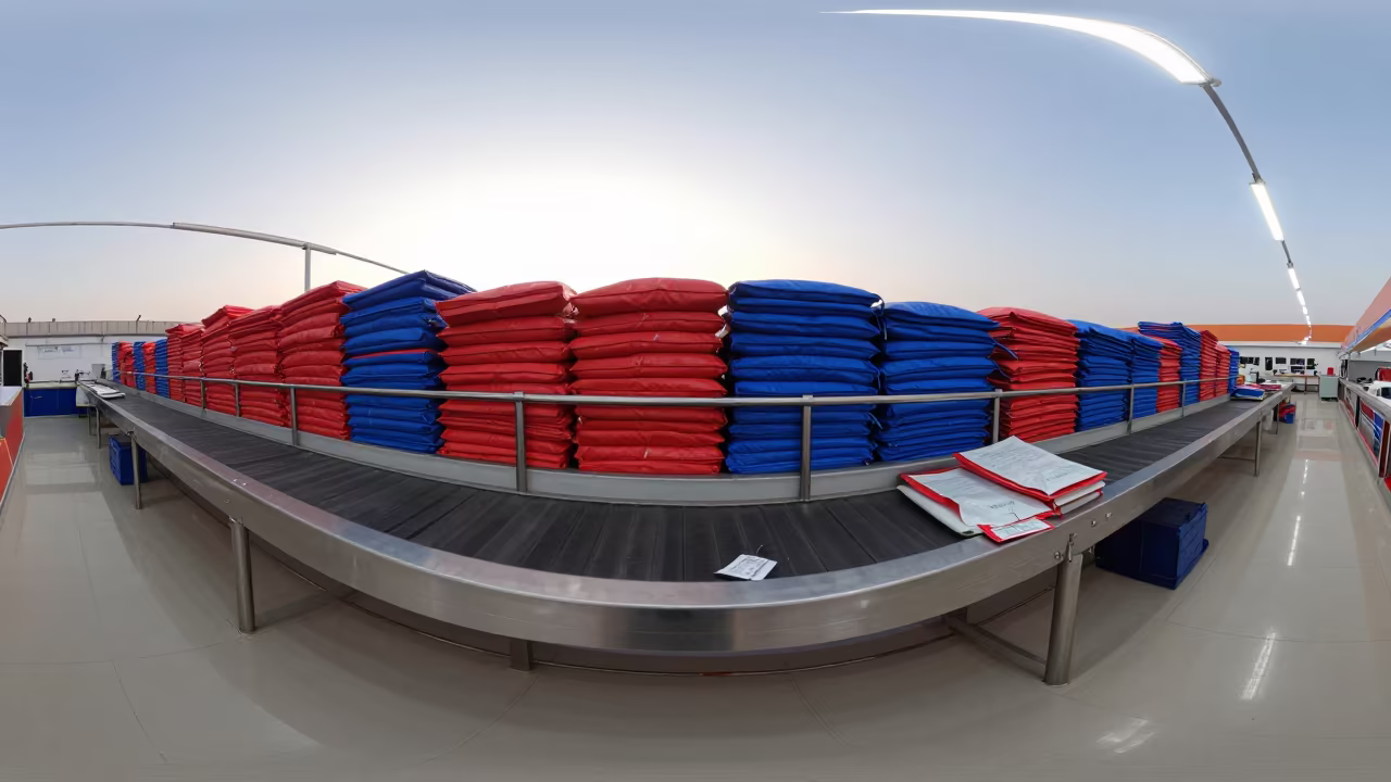 Morning Checkout Belt with Tote Bags in Sukkur Store in at a checkout lane under flat store light in Sukkur