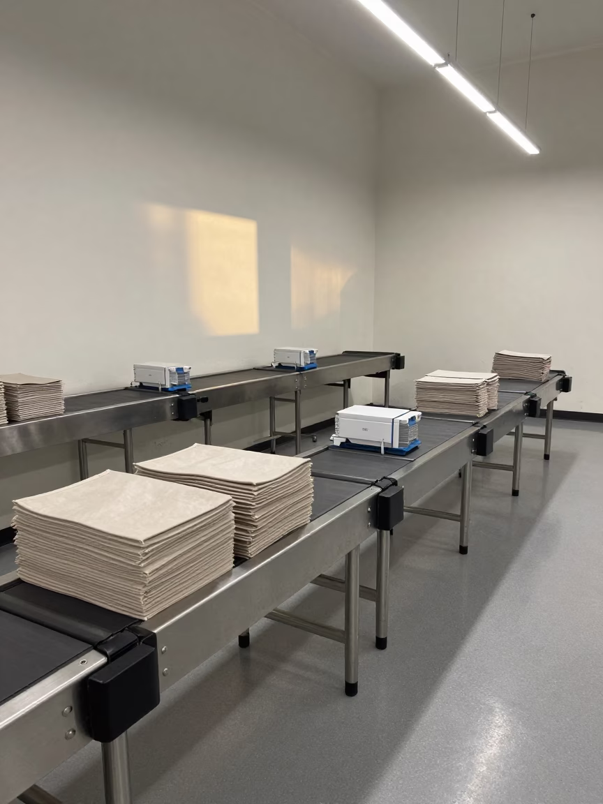 Morning Checkout Belt With Totes and Strips in at a checkout lane under flat store light near Kitchener